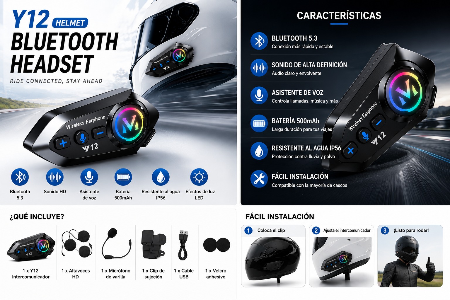Comunicador Bluetooth Y12 para Casco de Moto